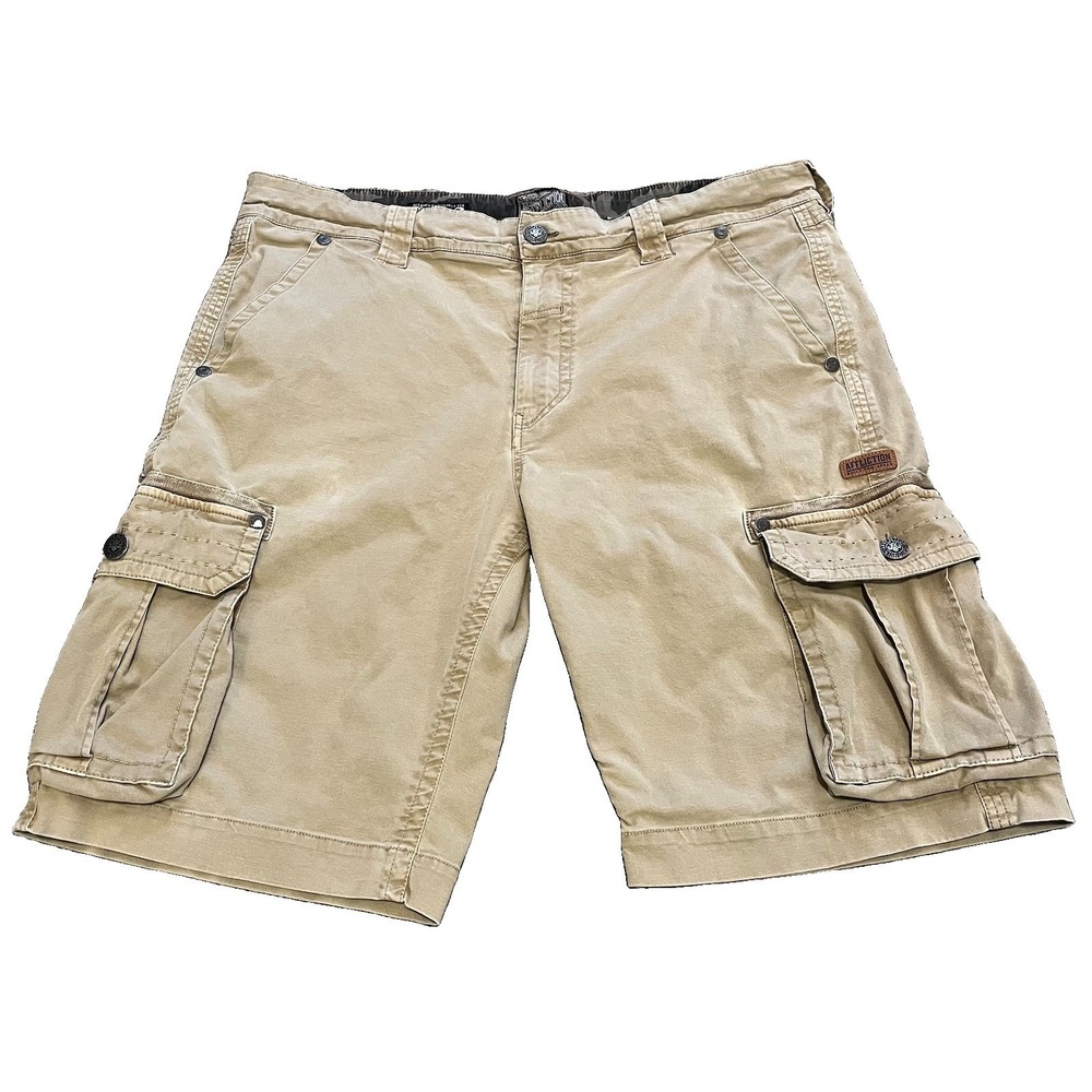 Affliction Buckle Mens Khaki Cargo Shorts Sz 40 Camo Trim  Utility Y2K Grunge